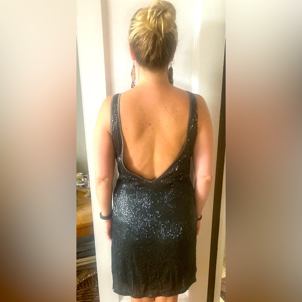AmbRe Babzoe Dark Grey sequin stretch dress with low plunging back